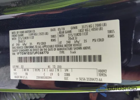 2018 Ford F-150 Xlt из США, поврежденный, VIN 1FTEW1EG7JFC68770